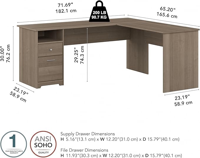 Bush Furniture Cabot 72W L Shaped Computer Desk with Drawers, Ash Gray - LeafyLoom