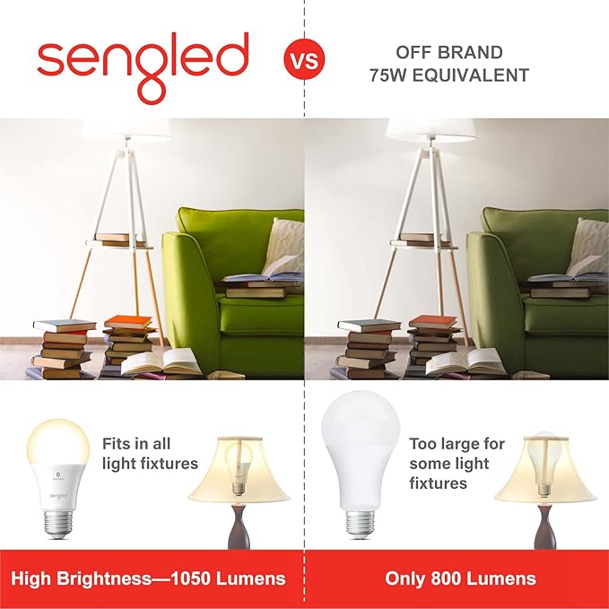 Sengled Alexa Light Bulb 75W Equivalent, Smart Light Bulbs Bluetooth Mesh 1050 LM, Smart Bulbs That Work with Alexa Only 2700K, High Brightness, Soft White A19 Dimmable Bulb, No Hub Required, 4 Pack Sengled