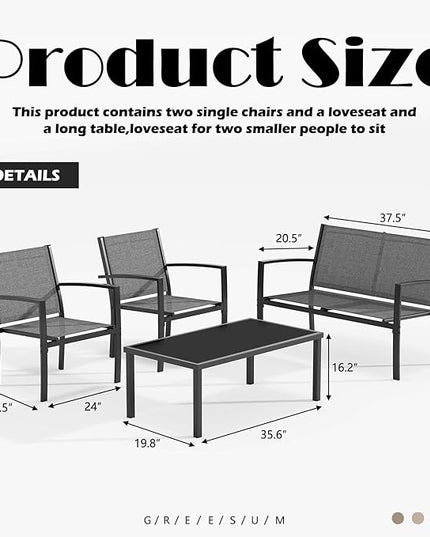 Greesum 4 Pieces Patio Furniture Set, Outdoor Conversation Sets for Patio, Lawn, Garden, Poolside with A Glass Coffee Table, Gray - LeafyLoom
