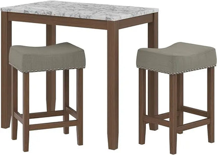 Nathan James Viktor 3 Piece Dining Set, Heigh Kitchen Counter Pub or Breakfast Table with Marble Top and Fabric Wood Base Seat, Gray/Dark Brown - LeafyLoom