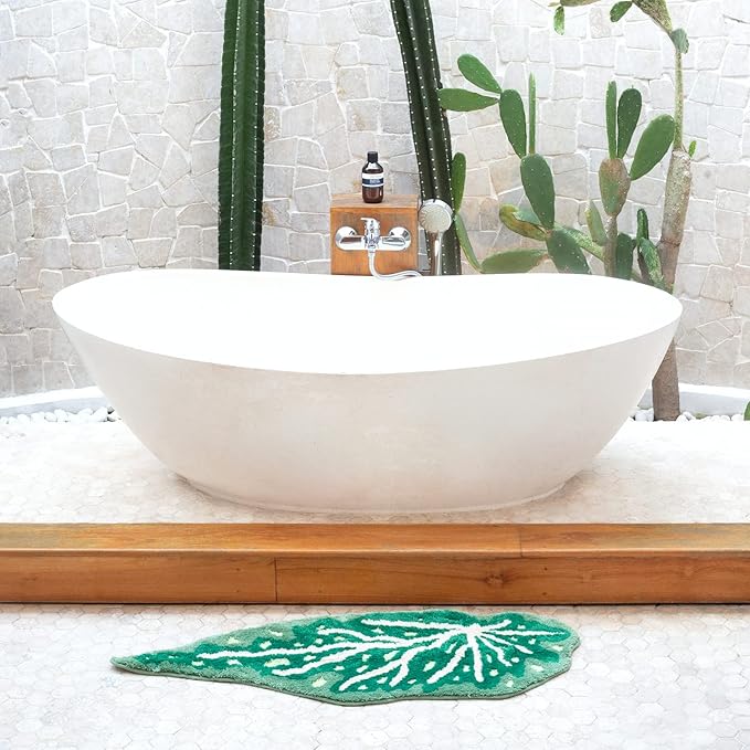 Begonia Non Slip Bath Mat or Kitchen Tufted Rug, Plant Leaf Shaped Kids Pets Floor Mat Carpet, Green, 45.3" x 16.3" - LeafyLoom