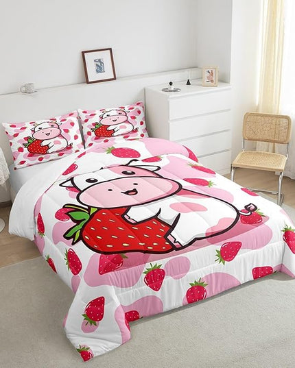 Feelyou Milk Cow Comforter Pink White Cow Strawberry Comforter Set Bedding Set for Kids Adults Kawaii Girls Milk Cow Print Duvet Set Soft Room Decor King Size Quilt Boys - LeafyLoom