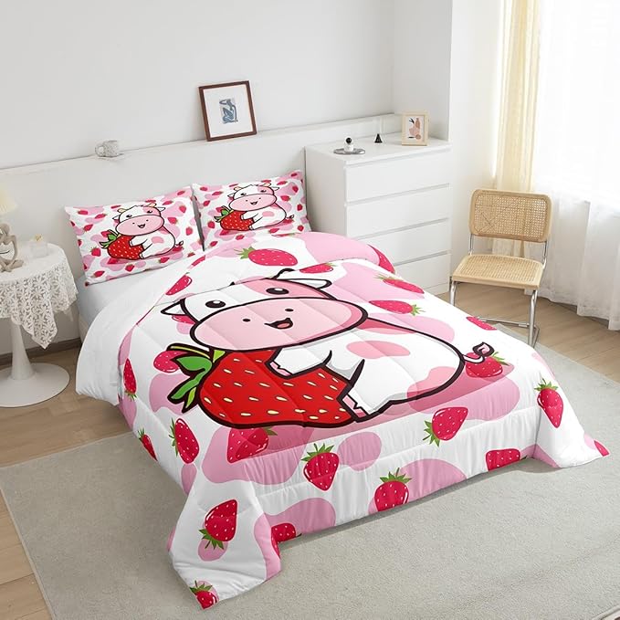 Feelyou Milk Cow Comforter Pink White Cow Strawberry Comforter Set Bedding Set for Kids Adults Kawaii Girls Milk Cow Print Duvet Set Soft Room Decor King Size Quilt Boys - LeafyLoom