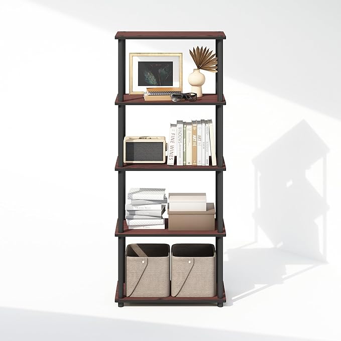 Furinno Turn-N-Tube 5-Tier Multipurpose Compact Display Rack, Shelving Unit, Bookcase, Dark Cherry/Black - LeafyLoom