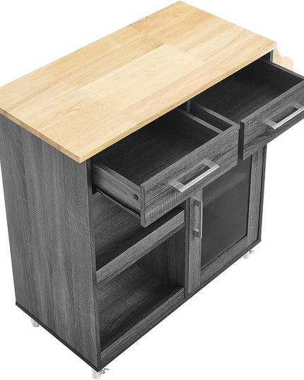 Modway Culinary Rolling Kitchen Cart with Storage in Charcoal Natural - 3 Tiers Kitchen Island on Wheels with Spice Rack, Functional as a Coffee Station, Bar Cabinet or Butcher Block Island - LeafyLoom