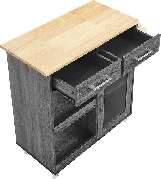 Modway Culinary Rolling Kitchen Cart with Storage in Charcoal Natural - 3 Tiers Kitchen Island on Wheels with Spice Rack, Functional as a Coffee Station, Bar Cabinet or Butcher Block Island - LeafyLoom