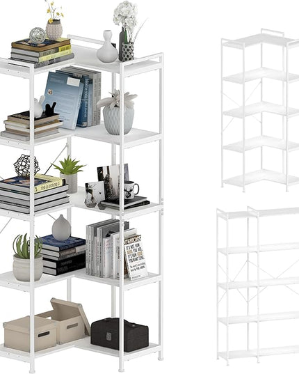 Bookshelf 5 Tier Deformable Corner Bookcase Free Standing Modern Industrial Book Storage Display Book Shelf for Bedroom Living Room Study Room Office (White) - LeafyLoom