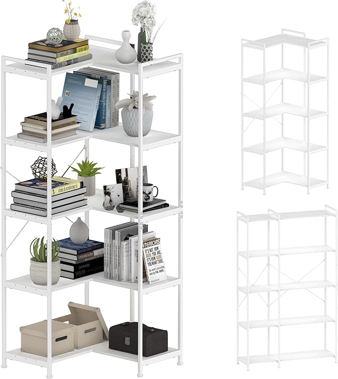 Bookshelf 5 Tier Deformable Corner Bookcase Free Standing Modern Industrial Book Storage Display Book Shelf for Bedroom Living Room Study Room Office (White) - LeafyLoom
