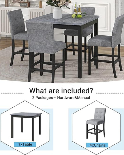 Modern Style Counter Height Footrest and 4 Upholstered high-Back Chairs, Wood Square Room, Kitchen, 5 Piece Dining Table Set, Black 23 - LeafyLoom