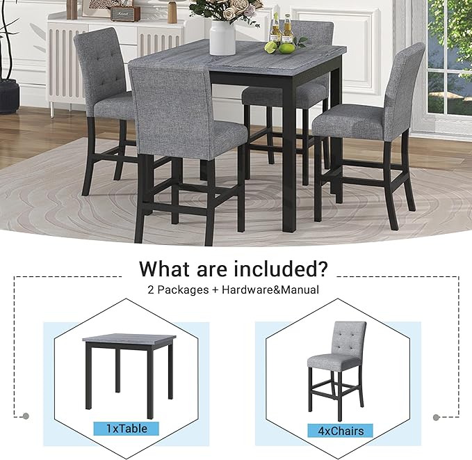 NicBex Dining Room Table Set Corner Dining Table Set 5-Piece Counter Height Dining Set Wood Square Dining Room Table with 4 Upholstered High-Back Chairs for Small Space, Apartment, Black - LeafyLoom