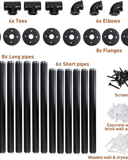 HITOMEN Industrial Iron Pipe Shelves, 2 Set 4-Tier, 42" Tall, 12" Depth, DIY Open Bookshelf Bookcase, Wall Mounted Vintage Retro Shelving, Rustic Farmhouse Pantry Kitchen Storage, Black Shelf Brackets - LeafyLoom