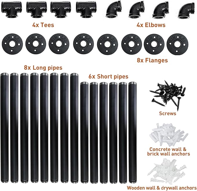 HITOMEN Industrial Iron Pipe Shelves, 2 Set 4-Tier, 42" Tall, 12" Depth, DIY Open Bookshelf Bookcase, Wall Mounted Vintage Retro Shelving, Rustic Farmhouse Pantry Kitchen Storage, Black Shelf Brackets - LeafyLoom