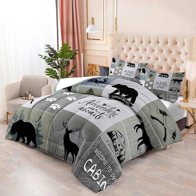 LUVIVIHOME 3PCS Rustic Cabin Comforter Set Full Size, Farmhouse Bedding Sets, Black Bear Deer Elk Moose Wolf Owl Forest Woodland Animals Wildlife Hunting Country Lodge Patchwork Quilt, 2 Pillow Shams - LeafyLoom