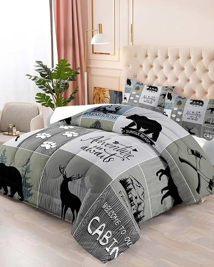 LUVIVIHOME 3PCS Rustic Cabin Comforter Set Queen Size, Farmhouse Bedding Sets, Black Bear Deer Elk Moose Wolf Owl Forest Woodland Animals Wildlife Hunting Country Lodge Patchwork Quilt, 2 Pillow Shams - LeafyLoom