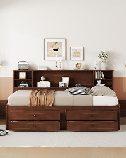 Merax Wooden Captain Bed Frame with Storage,Full Size Platform Bed with Built-in Storage Shelves,4 Drawers and 2 Cabinets,Full Size Daybed for Living Room - LeafyLoom