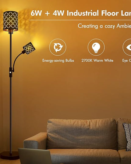 Industrial Floor Lamps for Living Room, Modern Torchiere Standing Lamp with Reading Light for Bedroom, Farmhouse Floor Lamp with Decorative Lampshade, Metal Tall Stand up Lamp, Vintage Pole Lamp Black - LeafyLoom