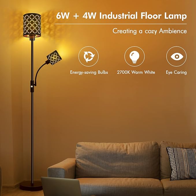 Industrial Floor Lamps for Living Room, Modern Torchiere Standing Lamp with Reading Light for Bedroom, Farmhouse Floor Lamp with Decorative Lampshade, Metal Tall Stand up Lamp, Vintage Pole Lamp Black - LeafyLoom
