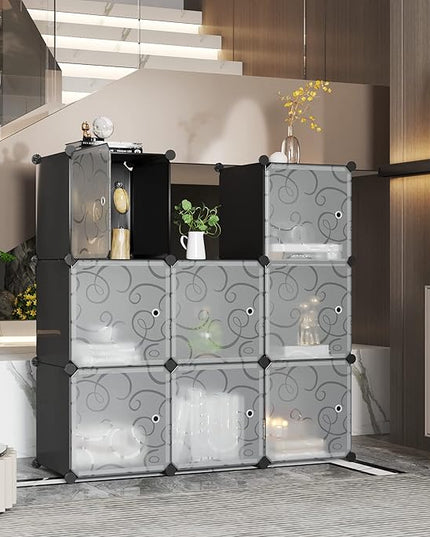 C&AHOME Cube Storage Organizer with Doors, 9-Cube Shelves, Closet Cabinet, DIY Plastic Modular Bookshelf, Storage Shelving Ideal for Bedroom, Living Room, 36.6”L x 12.4”W x 36.6”H Black USHS3009B-DOOR - LeafyLoom
