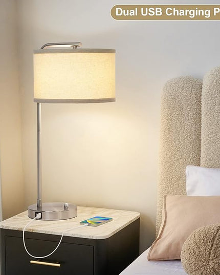 Table Lamp for Living Room, Modern Bedside Lamp with Dual USB Ports, Fully Dimmable Nightstand Lamp with Beige Drum Shade, Silver Finish Side Table Lamp for Bedroom Office, 3000K LED Bulb Included - LeafyLoom