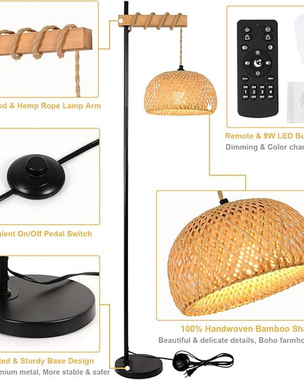 Boho Floor Lamp with Remote, Farmhouse Dimmable Rattan Standing Lamp with Smart Blub, Bamboo Lampshade, App Control, Wood Black Tall Lamp for Living Room Bedroom Office, 9W LED Bulb Included - LeafyLoom