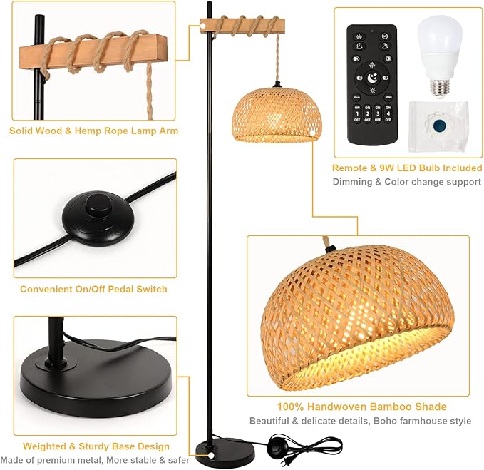 Boho Floor Lamp with Remote, Farmhouse Dimmable Rattan Standing Lamp with Smart Blub, Bamboo Lampshade, App Control, Wood Black Tall Lamp for Living Room Bedroom Office, 9W LED Bulb Included - LeafyLoom