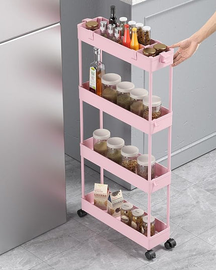 SPACELEAD Slim Storage Cart 4 Tier,Bathroom Storage Organizer Rolling Utility Cart, Mobile Shelving Unit Slide Out Storage Cart for Office, Bathroom, Kitchen, Laundry Room & Narrow Places， Pink - LeafyLoom