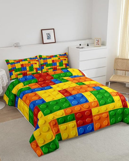 Feelyou Games Comforter Set Full Size Building Blocks Bedding Set for Kids Boys Girls Colorful Geometric Toy Brick Comforter Inner Fill Toddler Gaming Bedroom Nursery Quilt Duvet Set with 2 Pillowcase - LeafyLoom