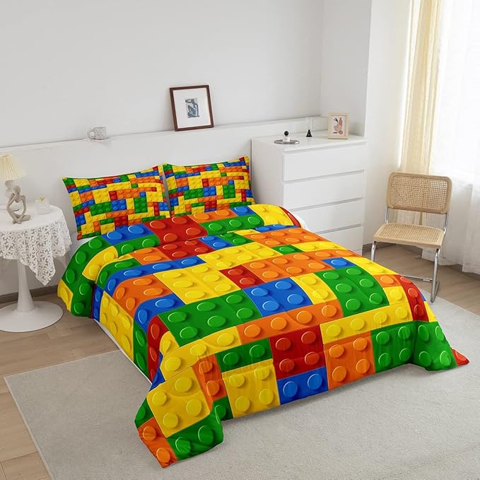 Feelyou Games Comforter Set Queen Building Blocks Bedding Set for Kids Boys Girls Colorful Geometric Toy Brick Comforter Gaming Nursery Quilt Duvet Set with 2 Pillowcase Boys - LeafyLoom
