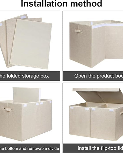 popoly 122L Large Toy Box Chest with Lid, Foldable Toy Storage Organizer Bin Boxes with Removable Divider for Kids, Boys, Girls, Nursery, Playroom, 26"x17" x17" (Linen Beige) - LeafyLoom