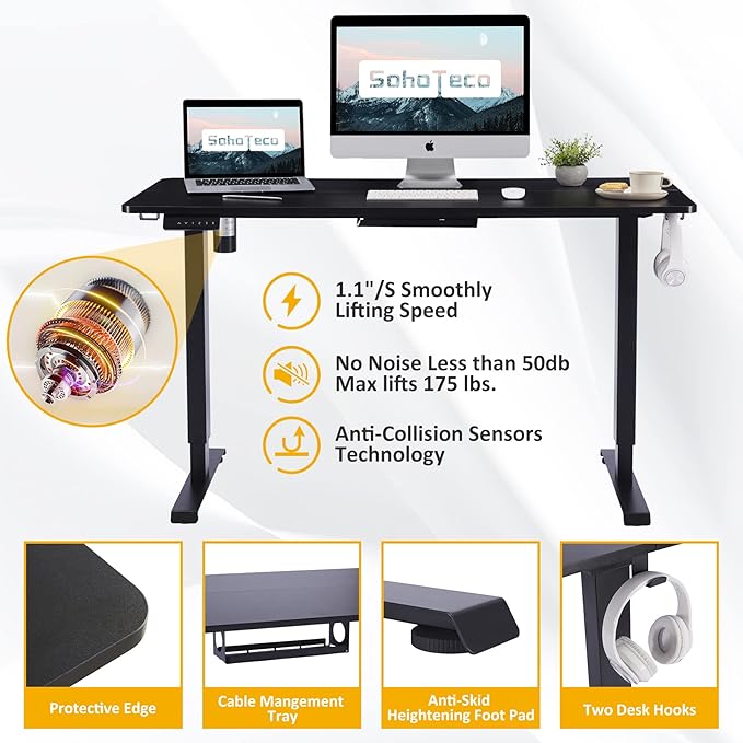 Electric Height Adjustable Desk, 48x24 Sit Stand Desk with Splice Board, Gaming Desk with Memory Presets, Black Steel Frame & Black Board - LeafyLoom