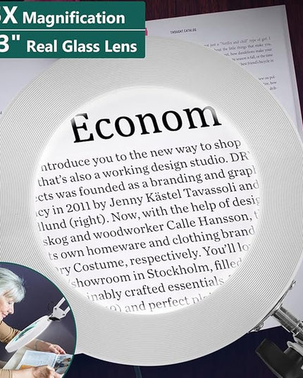 Magnifying Glass with Light and Stand - 2-in-1 Stepless Dimmable LED Magnifying Desk Lamp with Clamp - 3 Color Modes Lighted Magnifier Lens Swivel Arm Light for Reading, Craft, Close Works - LeafyLoom