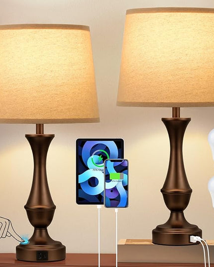 Touch Lamps for Bedrooms Set of 2 - Nightstand Table Lamp with USB C+A, 3 Way Dimmable Bedside Lamps for Living Room End Tables Set of 2, Farmhouse Night Stand Lamps for Bed Side Guest Room(Brown) - LeafyLoom