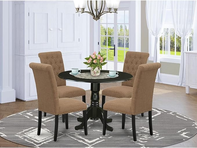East West Furniture DLBR5-BLK-17 Dublin 5 Piece Kitchen Set Includes a Round Dining Room Table with Dropleaf and 4 Light Sable Linen Fabric Parsons Chairs, 42x42 Inch, Black - LeafyLoom