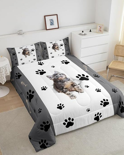 Kids Cat Comforter Set Full,3D Cute Kawaii Cat Bedding Set Lovely Animal Kitten Paw Print Down Comforter For Girls Boys Cat Lovers' Bedroom,Fish Bone Decor Quilt Duvet Set Grey White 2 Pillow Cases - LeafyLoom