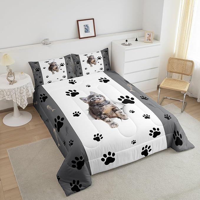Kids Cat Comforter Set Twin,3D Cute Kawaii Cat Bedding Set Lovely Animal Kitten Paw Print Down Comforter For Girls Boys Cat Lovers' Bedroom,Fish Bone Decor Quilt Duvet Set Grey White 1 Pillow Case - LeafyLoom