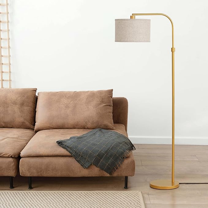 EDISHINE Arc Floor Lamp for Living Room, Modern Standing Lamp with Adjustable Drum Shade, Gold Reading Lamp Corner Light with Foot Switch for Bedroom, Office, Kids Room - LeafyLoom