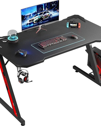 PC Gaming Desk 44 Inch Z Shaped Carbon Fiber Surface Desktop Computer Table with Cup Holder & Headphone Hook, Black - LeafyLoom