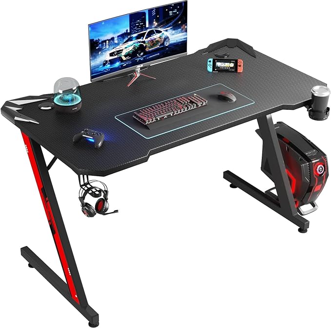 PC Gaming Desk 44 Inch Z Shaped Carbon Fiber Surface Desktop Computer Table with Cup Holder & Headphone Hook, Black - LeafyLoom