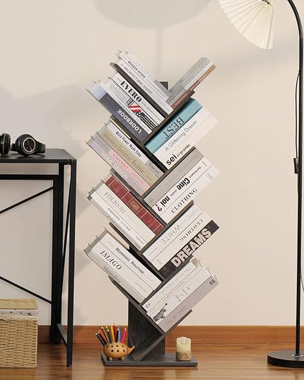 10 Tier Tree Book Shelf, Floor Standing Wood Bookshelf for Narrow Space, Storage Organizer Bookshelves for Books/CDs/Magazine, Bookcase with Shelves for Home Office, Living Room - Light Grey - LeafyLoom