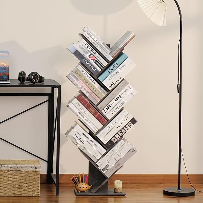 10 Tier Tree Book Shelf, Floor Standing Wood Bookshelf for Narrow Space, Storage Organizer Bookshelves for Books/CDs/Magazine, Bookcase with Shelves for Home Office, Living Room - Light Grey - LeafyLoom