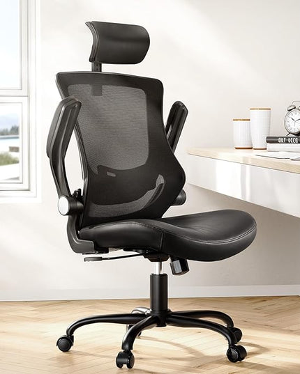 Marsail Office Chair Ergonomic Desk-Chair: Mesh Back Computer Chair with PU Leather Seat,Adjustable Lumbar Support&Flip-up Armrests, Adjustable Height Home Office Desk Chairs - LeafyLoom