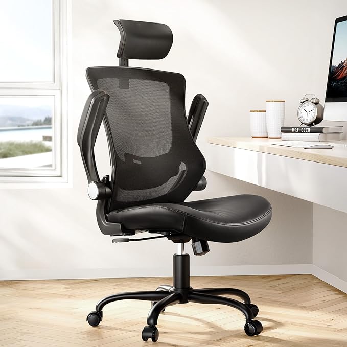 Marsail Office Chair Ergonomic Desk-Chair: Mesh Back Computer Chair with PU Leather Seat,Adjustable Lumbar Support&Flip-up Armrests, Adjustable Height Home Office Desk Chairs - LeafyLoom