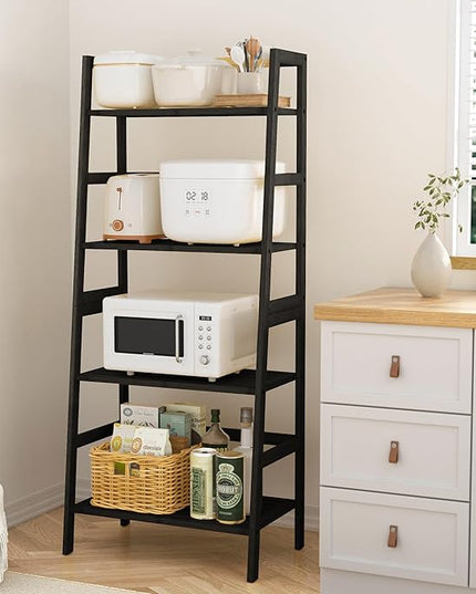 4-Tier Bamboo Bookshelf Ladder Shelf Book Shelf Bookcase Freestanding Storage Rack Plant Stand for Bedroom, Living Room, Bathroom, Small Space, Color Black - LeafyLoom