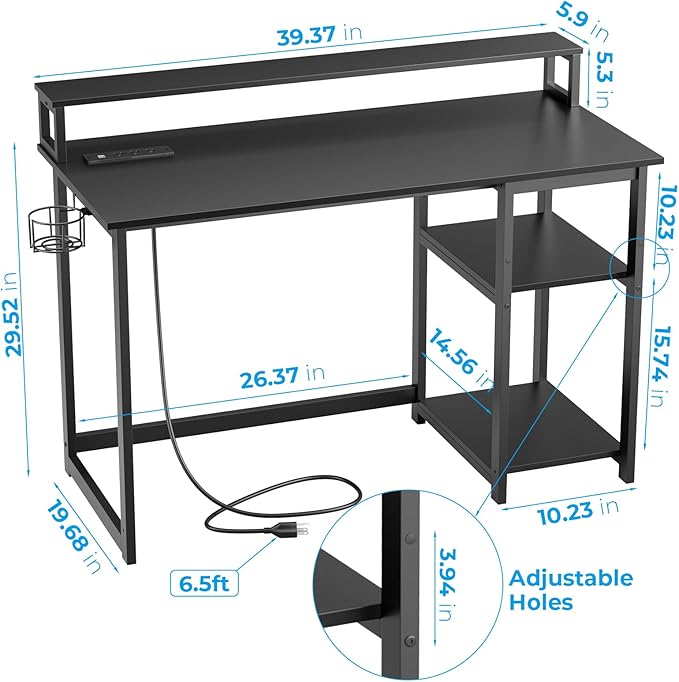 GreenForest Computer Desk with USB Charging Port and Power Outlet,Reversible Small Desk with Monitor Stand and Storage Shelves for Home Office,40 in Work Desk with Cup Holder Hook,Black - LeafyLoom