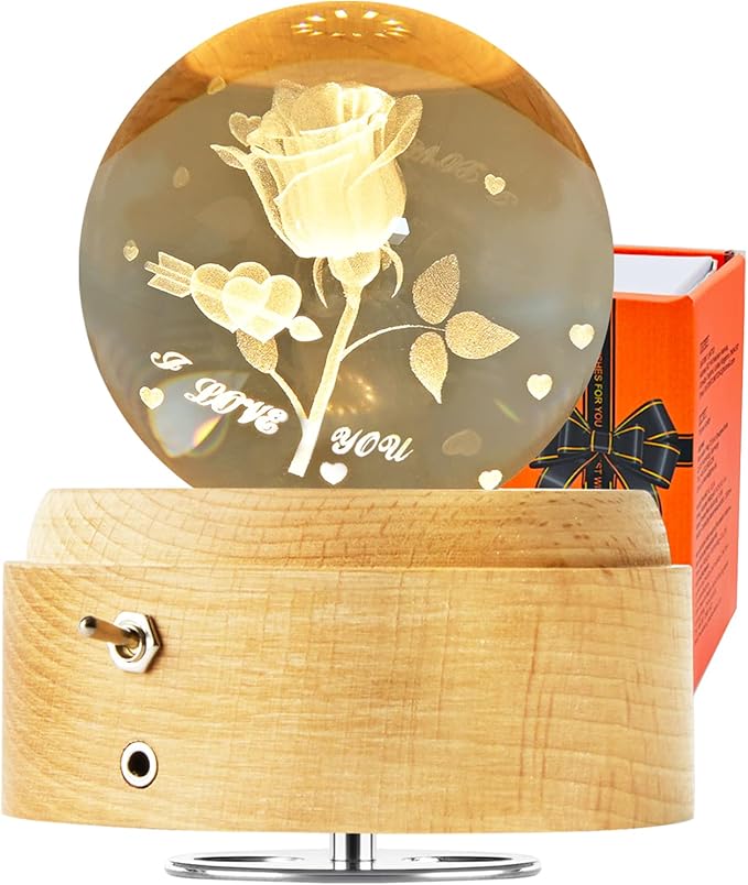 3D Crystal Ball Globe Rose Music Box with LED Night Light Lamp, Best Decor Gifts for Father Dad Husband Men Boyfriend Girlfriend Mom Women Wife Daughter Kids, Graduation Birthday Anniversary Wedding - LeafyLoom