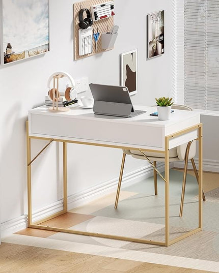 Anmytek Home Office Writing Desk 2 Drawers Storage, Contemporary Makeup Vanity Table Study Desk, W/Matte White and Gold Finish Frame D0003 - LeafyLoom
