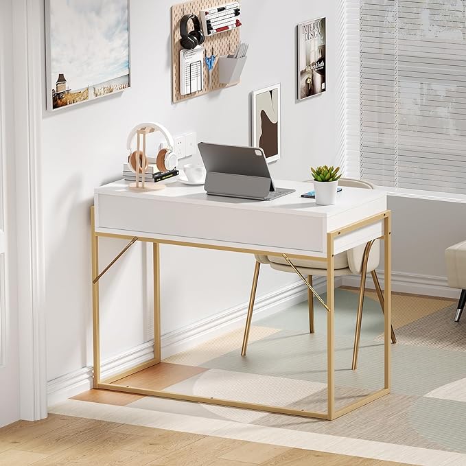 Anmytek Home Office Writing Desk 2 Drawers Storage, Contemporary Makeup Vanity Table Study Desk, W/Matte White and Gold Finish Frame D0003 - LeafyLoom