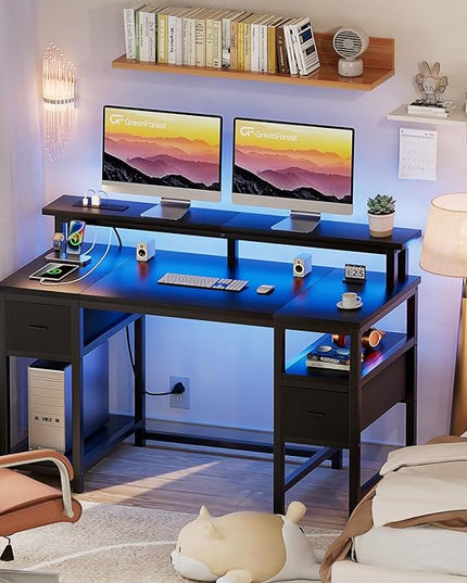 GreenForest Computer Desk with 2 Drawers and Power Outlets,50 Inch Office Desk with 2 Monitor Stands and Fabric File Cabinet, Reversible Gaming table with Led Lights and Shelves, Work Desk, Black - LeafyLoom