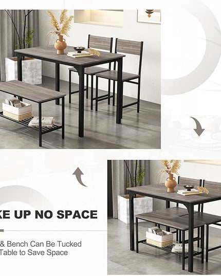 Dining Table Set for 4, Dinette Set w/Bench & Chairs, 2-Person Kitchen Table and Chairs w/Metal Frame & Storage Rack, Space-Saving Kitchen Table w/Bench for Apartment (Grey), Small - LeafyLoom
