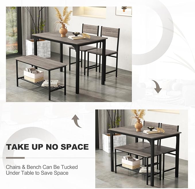 Dining Table Set for 4, Dinette Set w/Bench & Chairs, 2-Person Kitchen Table and Chairs w/Metal Frame & Storage Rack, Space-Saving Kitchen Table w/Bench for Apartment (Grey), Small - LeafyLoom